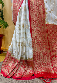 Off-White Khaddi Banarasi Saree with Red Border
