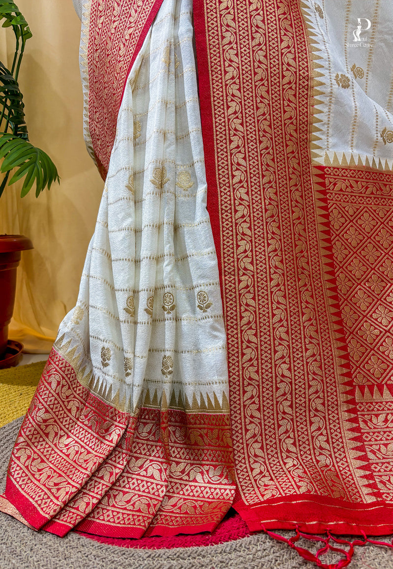 Off-White Khaddi Banarasi Saree with Red Border