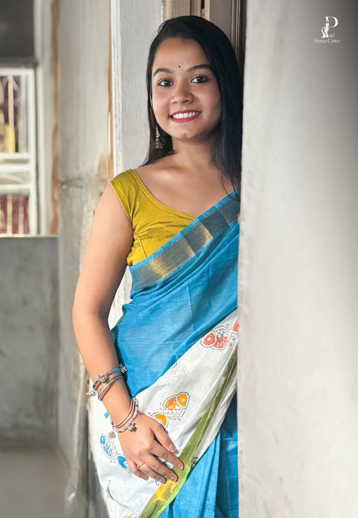 White & Blue "Rooprekha" Hand Painted Saree