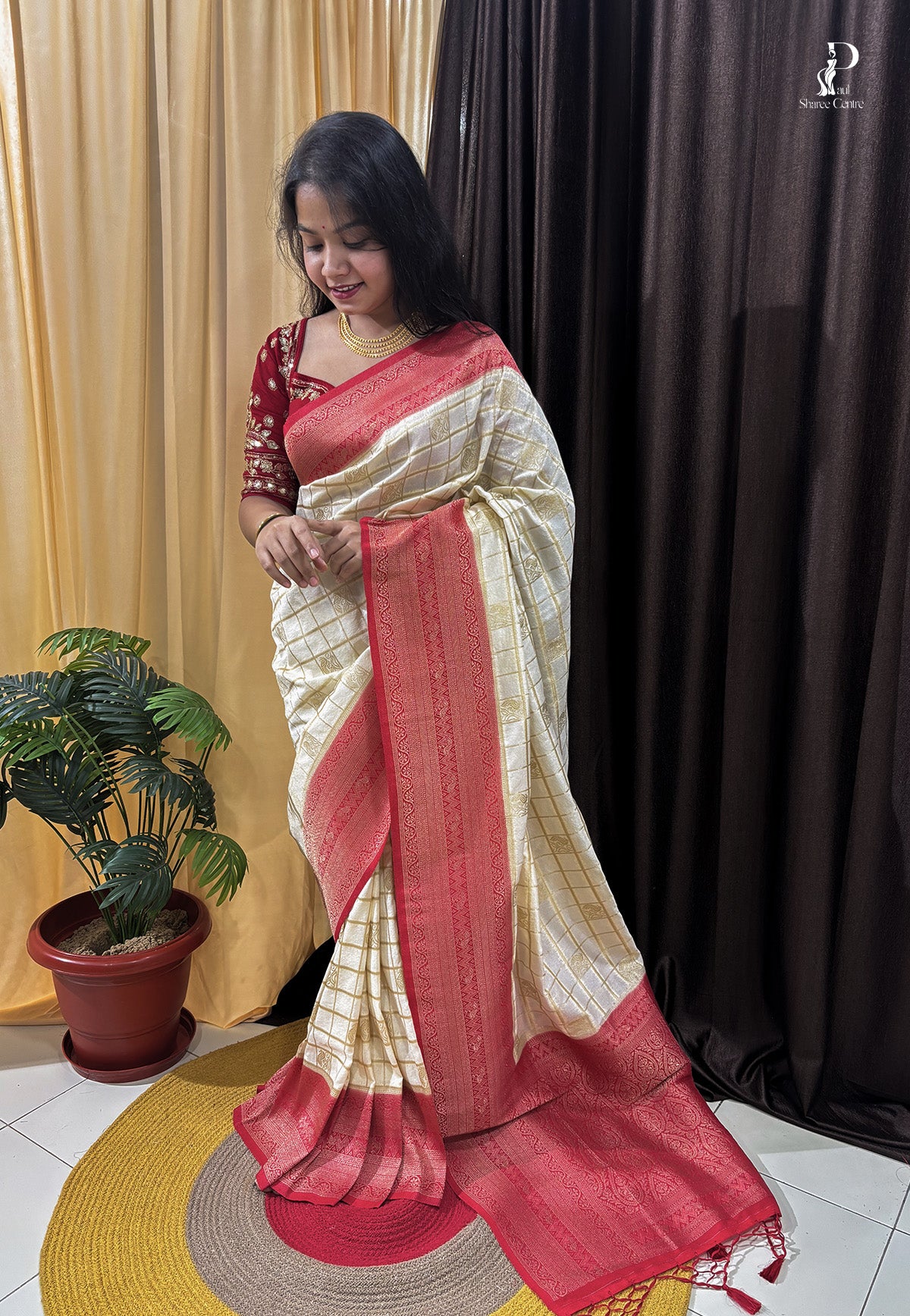 Off-White Khaddi Banarasi Saree with Red Border