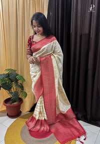 Off-White Khaddi Banarasi Saree with Red Border
