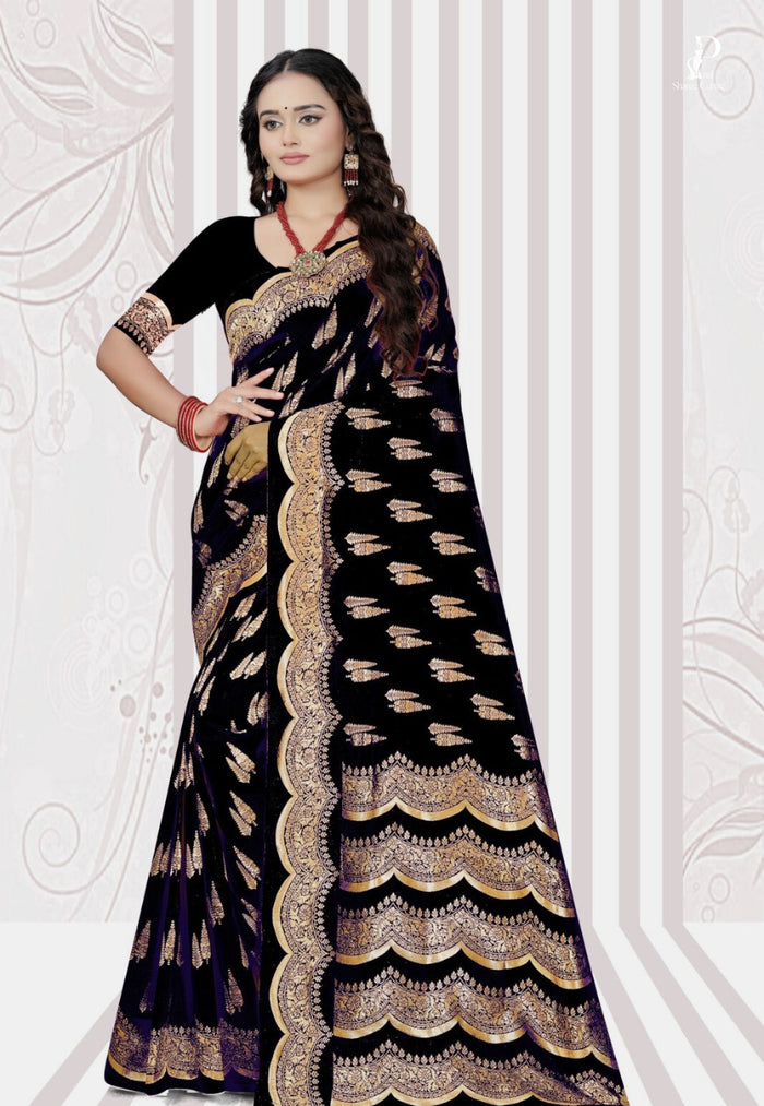 Black Katan Banarasi Saree with Lehriya Border