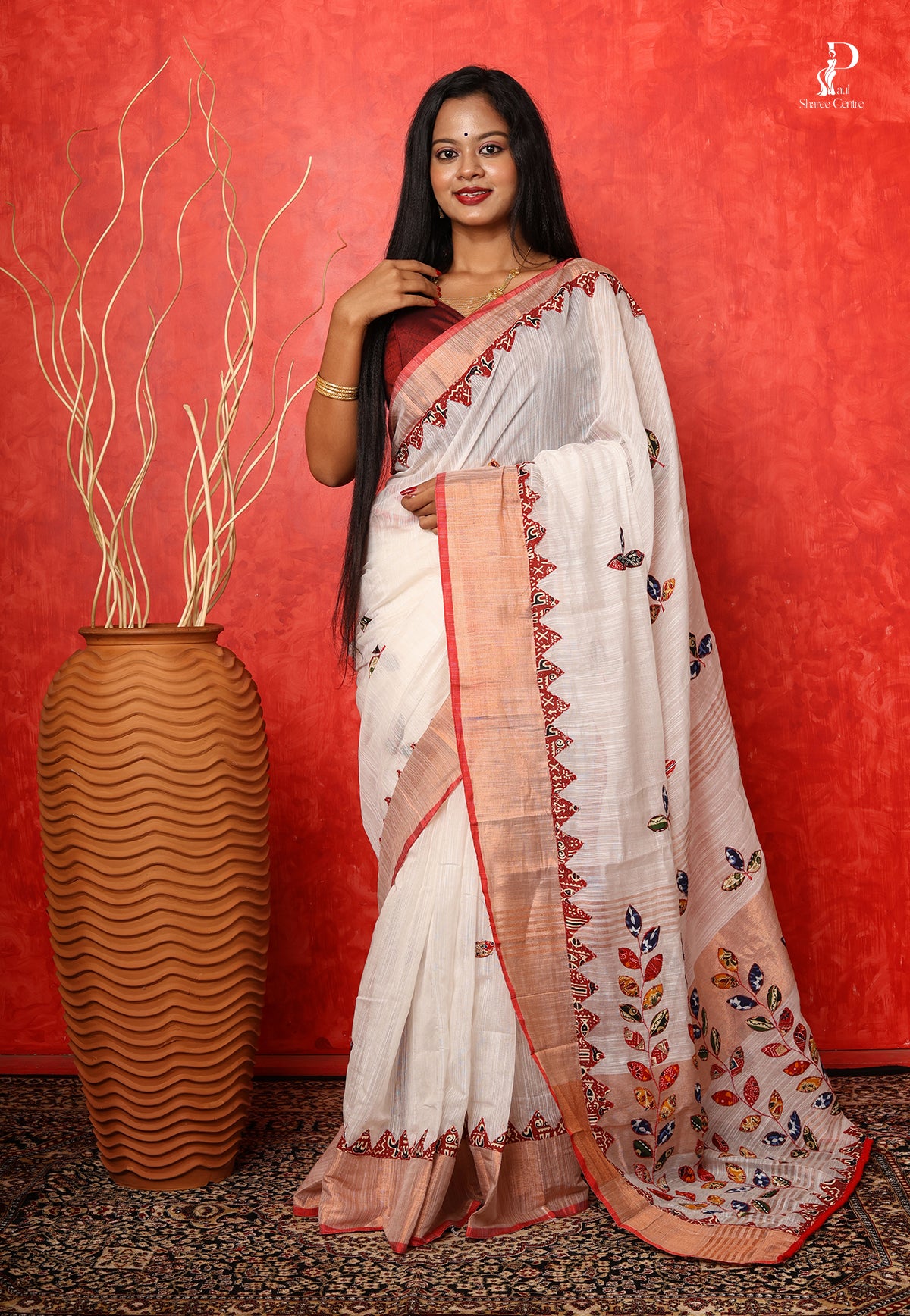 White Applique Work Saree with Copper border