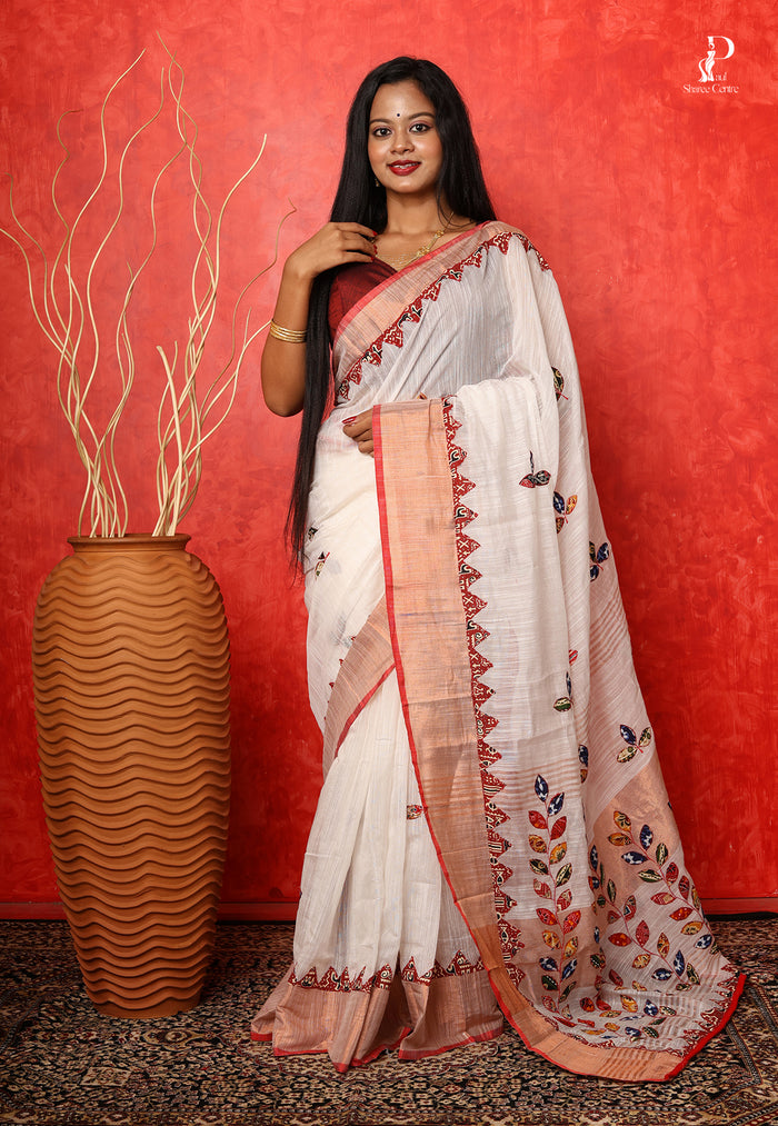 White Applique Work Saree with Copper border