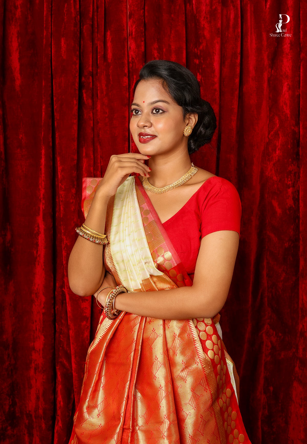 Off-White Bangalore Silk Saree with Red Border