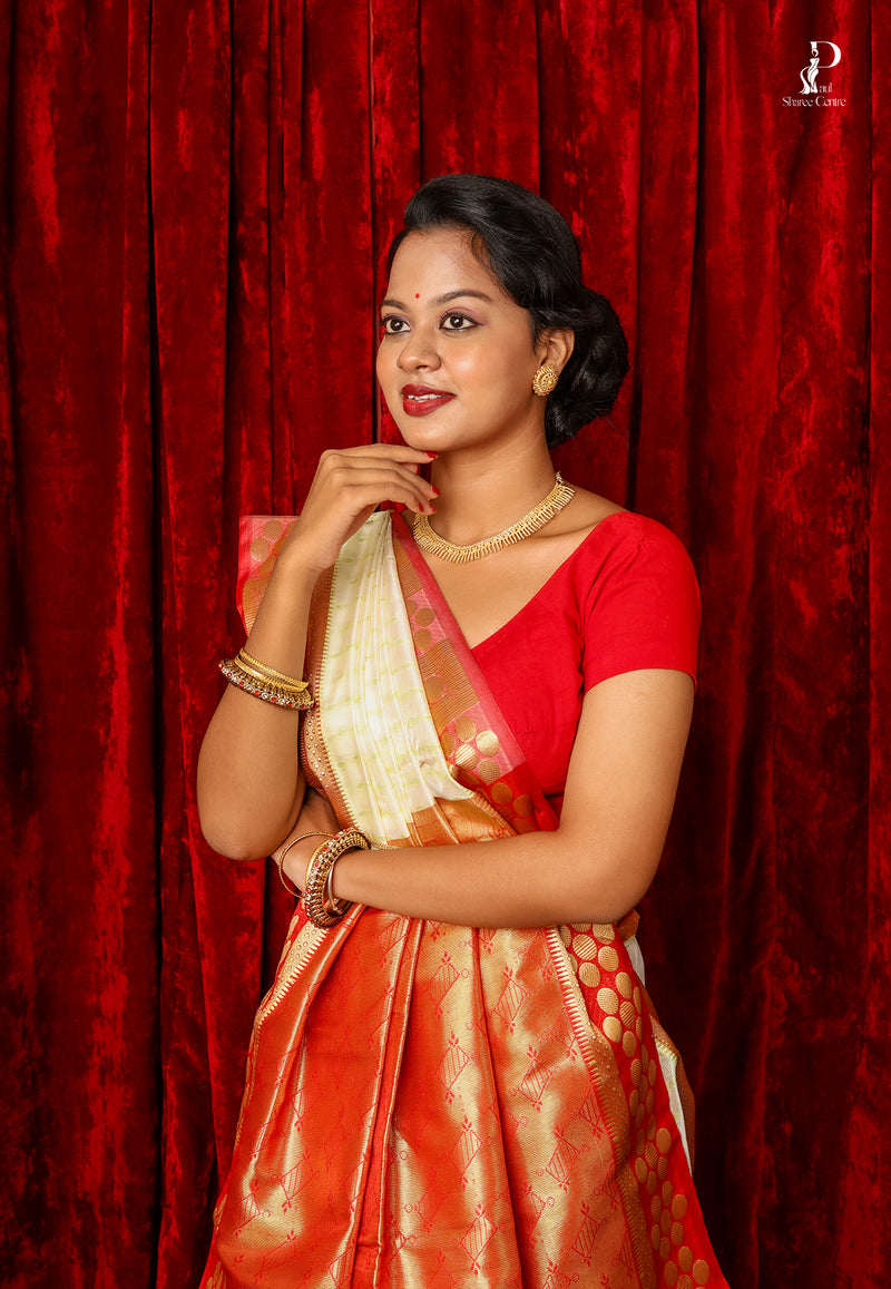 Off-White Bangalore Silk Saree with Red Border