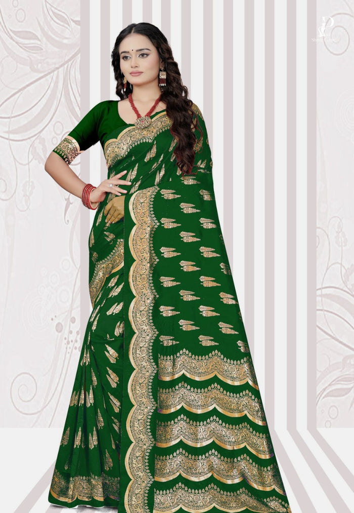 Bottle Green Katan Banarasi Saree with Lehriya Border