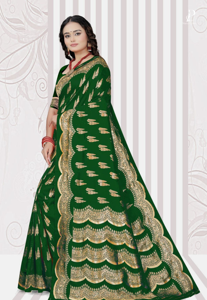 Bottle Green Katan Banarasi Saree with Lehriya Border