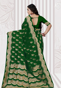Bottle Green Katan Banarasi Saree with Lehriya Border