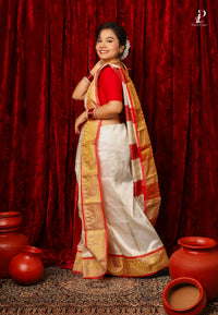 White Kanjivaram Pattu Silk with Red Border