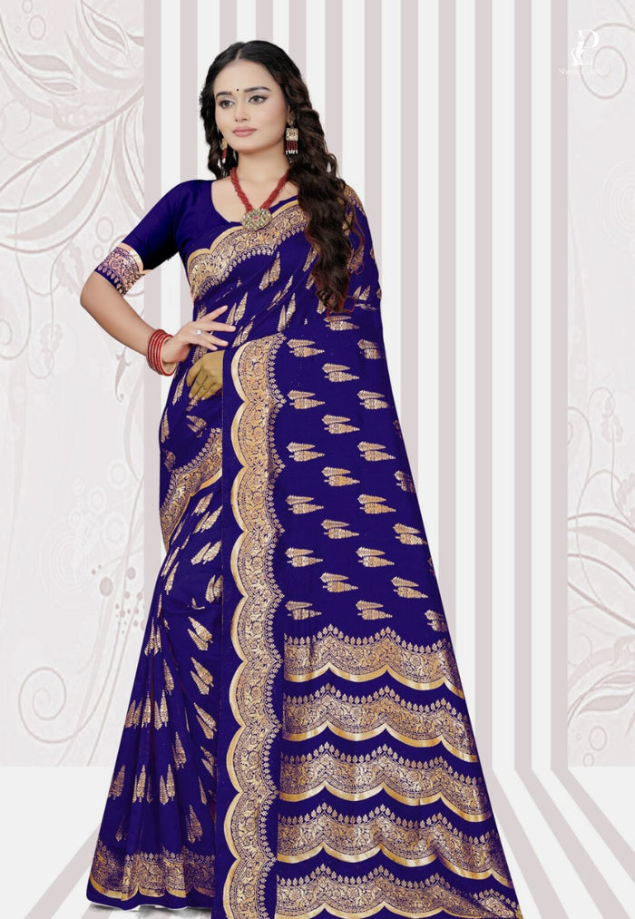 Royal Blue Katan Banarasi Saree with Lehriya Border