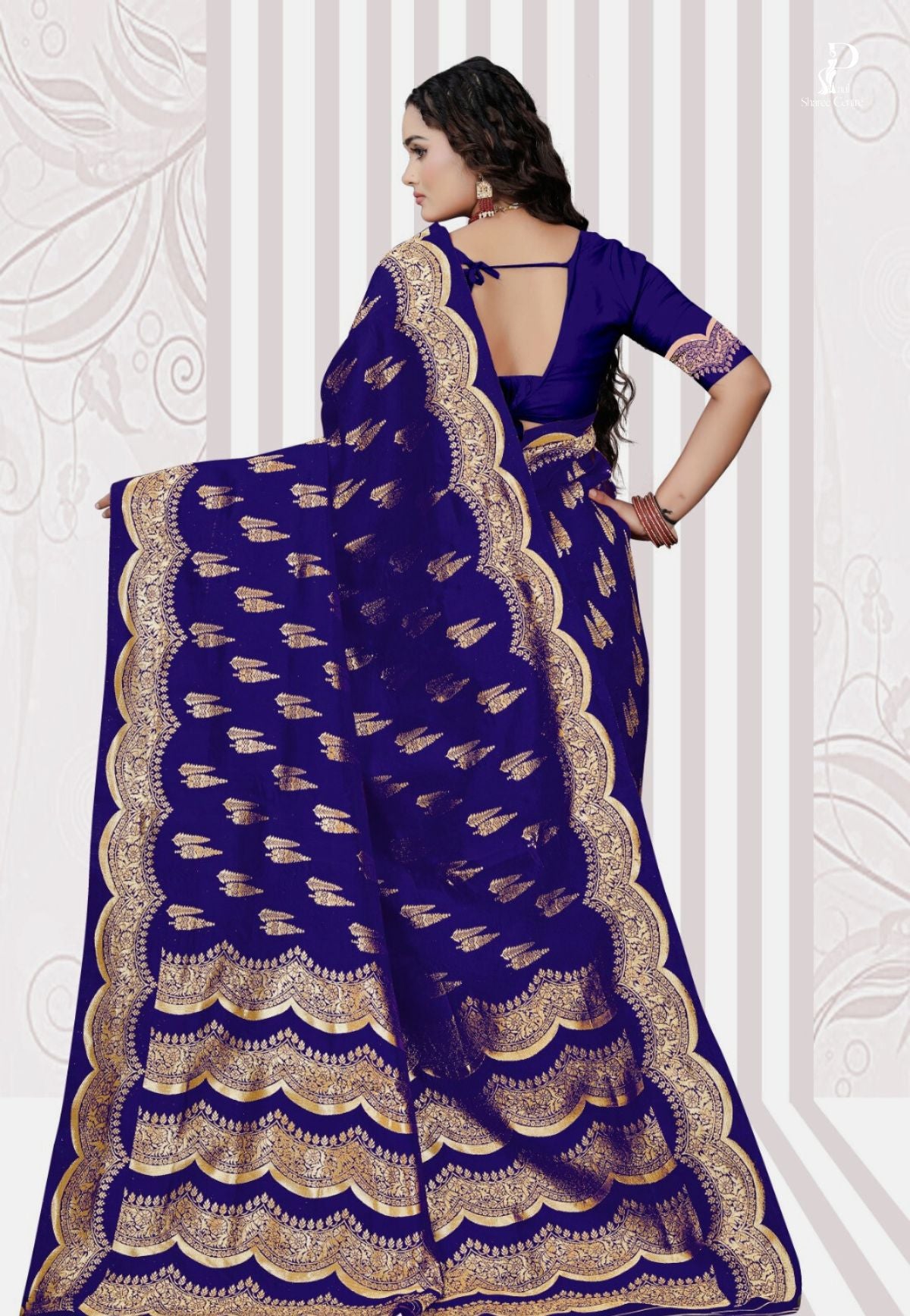 Royal Blue Katan Banarasi Saree with Lehriya Border