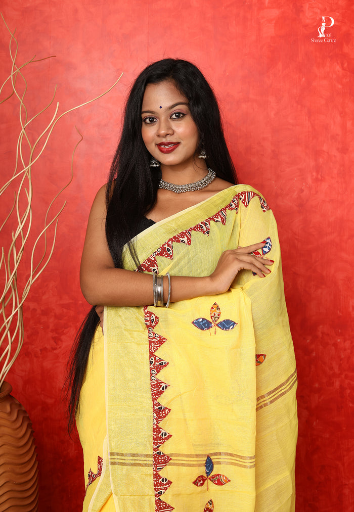 Yellow Applique Work Saree with Golden Border