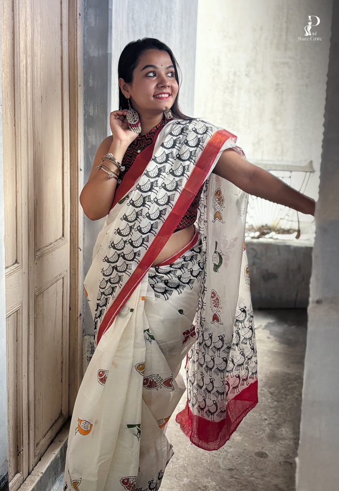 White "Rooprekha" Hand Painted Saree with Red Border