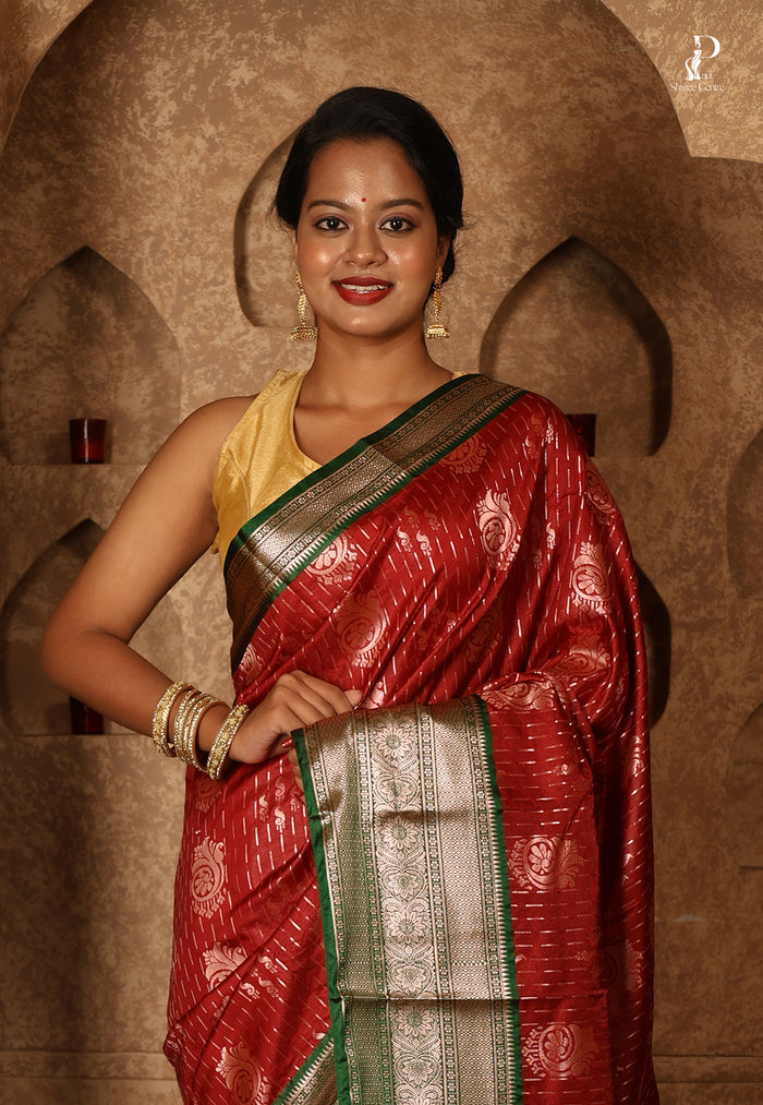 Maroon Satin Pattu Kanjivaram Saree with Green Border