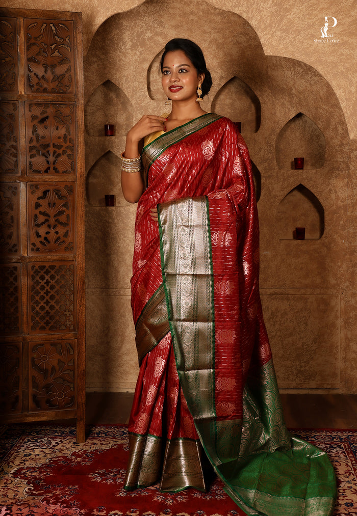 Maroon Satin Pattu Kanjivaram Saree with Green Border