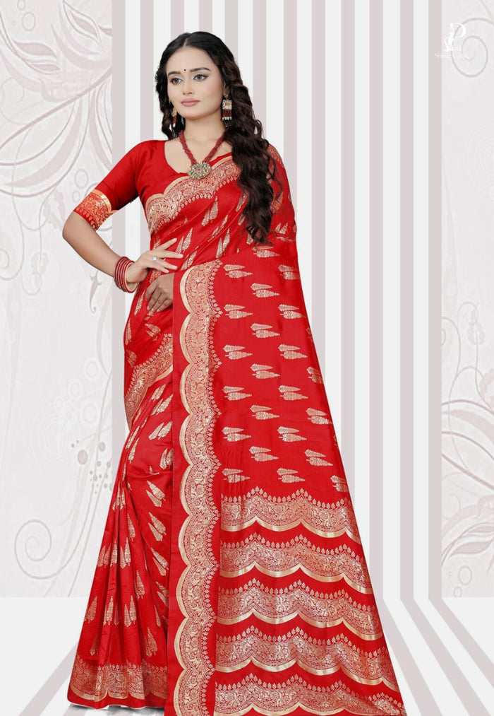 Red Katan Banarasi Saree with Lehriya Border