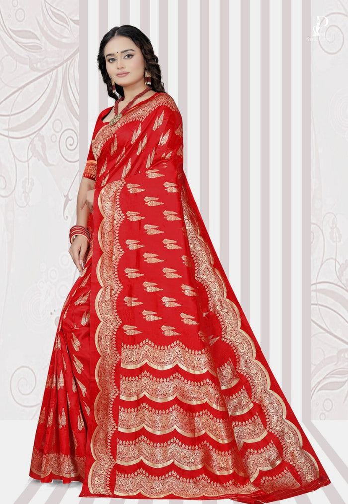 Red Katan Banarasi Saree with Lehriya Border