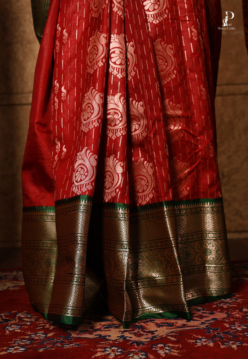 Maroon Satin Pattu Kanjivaram Saree with Green Border