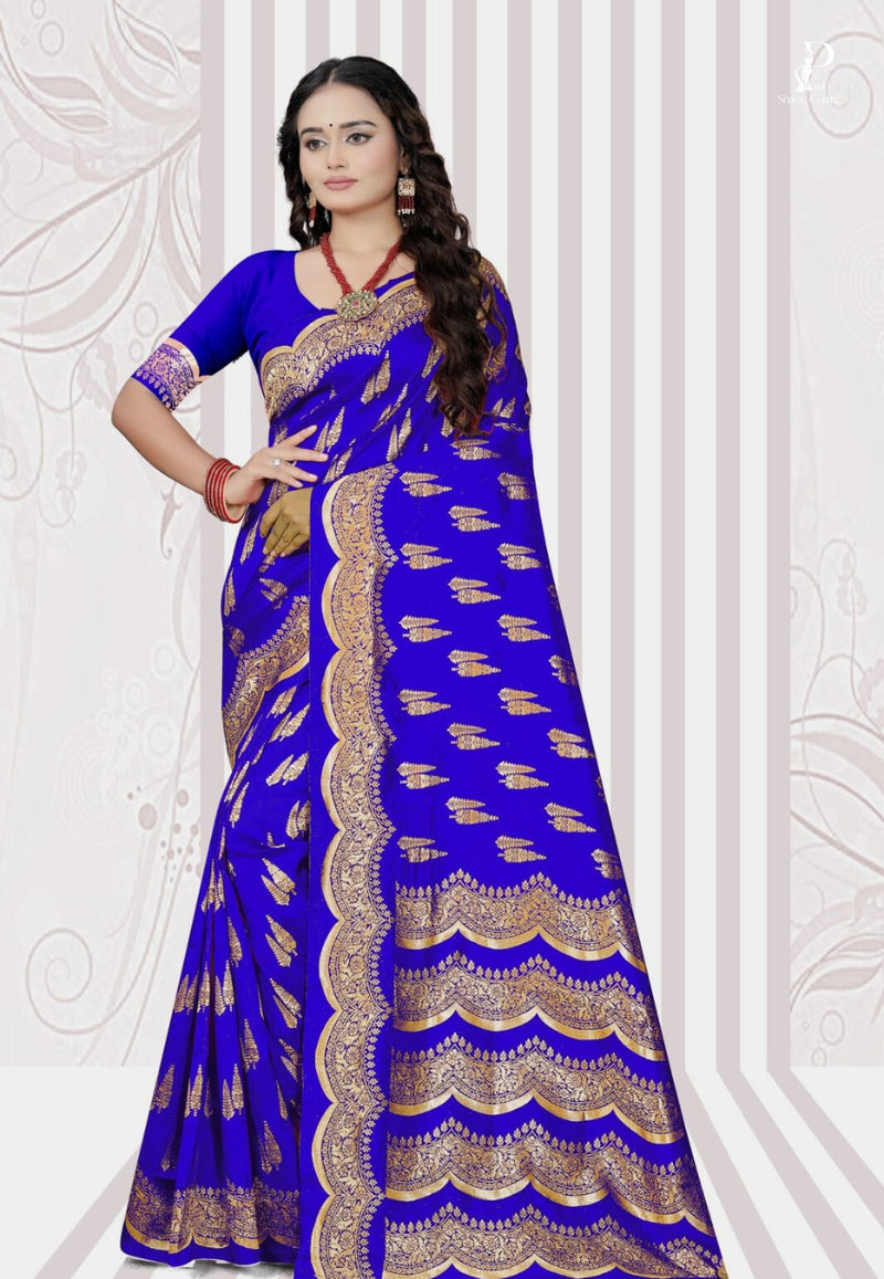 Navy Blue Katan Banarasi Saree with Lehriya Border