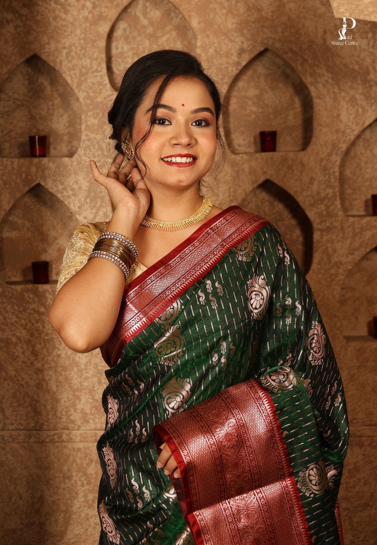 Dark Green Satin Pattu Kanjivaram Saree with Red Border