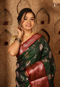 Dark Green Satin Pattu Kanjivaram Saree with Red Border