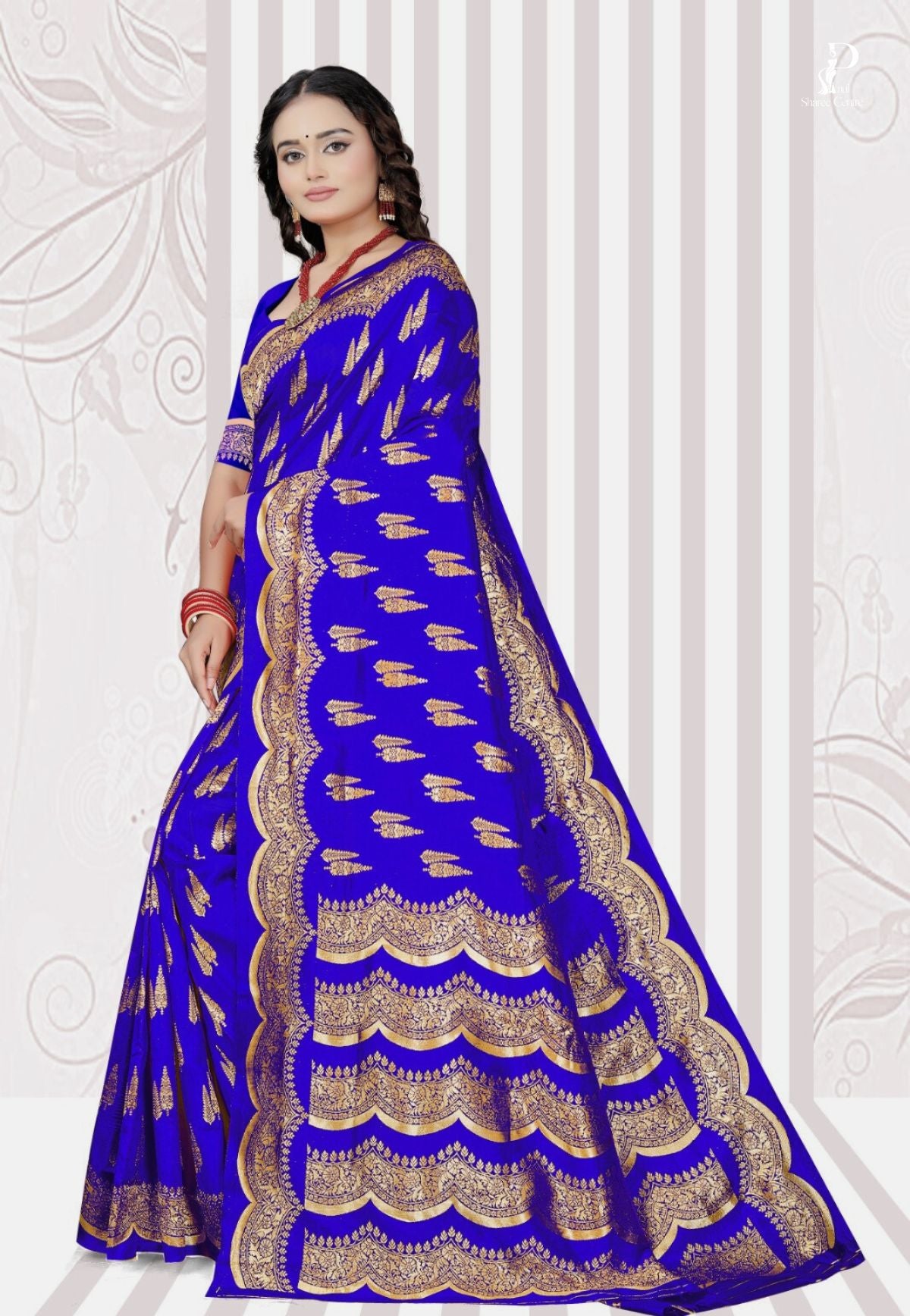 Navy Blue Katan Banarasi Saree with Lehriya Border