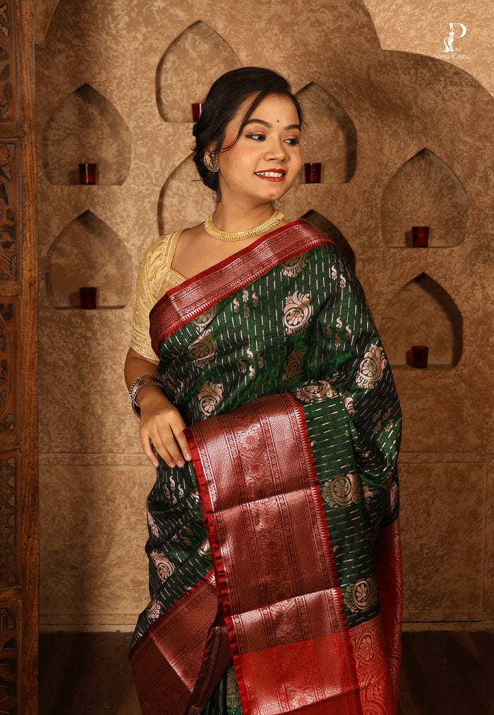 Dark Green Satin Pattu Kanjivaram Saree with Red Border