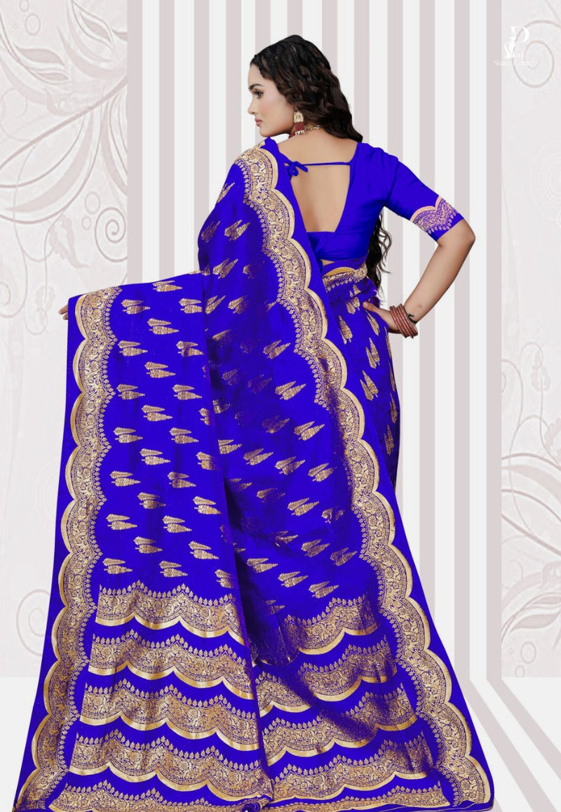 Navy Blue Katan Banarasi Saree with Lehriya Border