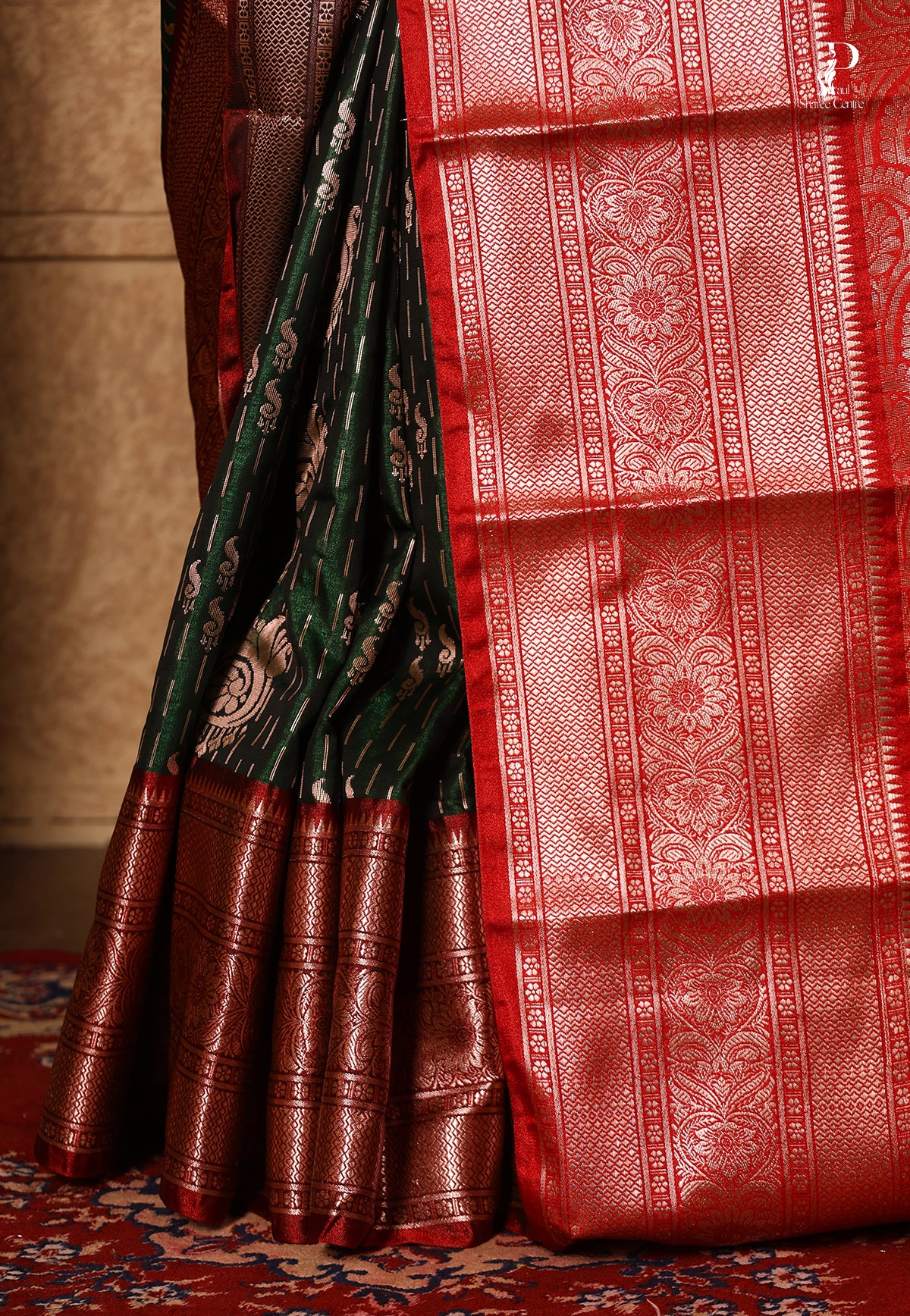 Dark Green Satin Pattu Kanjivaram Saree with Red Border