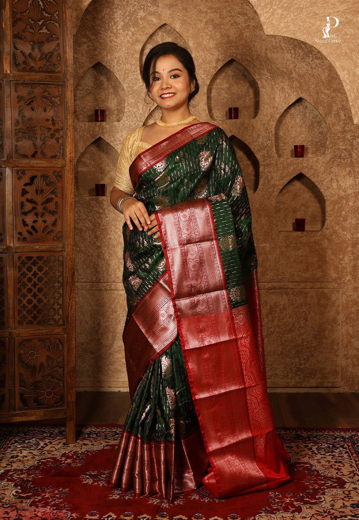 Dark Green Satin Pattu Kanjivaram Saree with Red Border