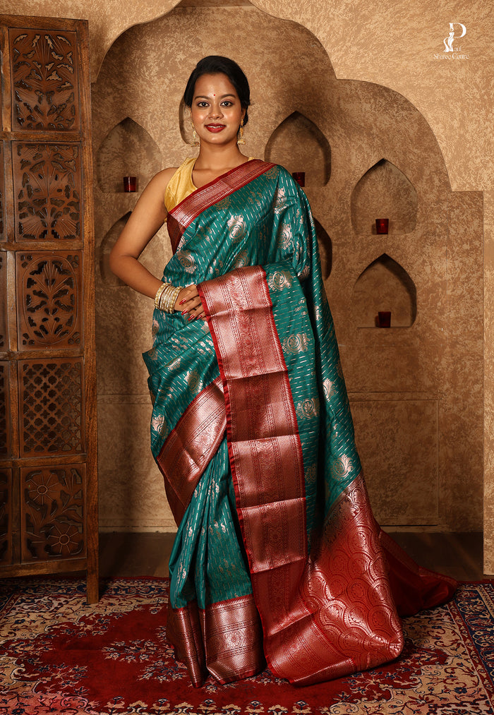 Turquoise Blue Satin Pattu Kanjivaram Saree with Red Border