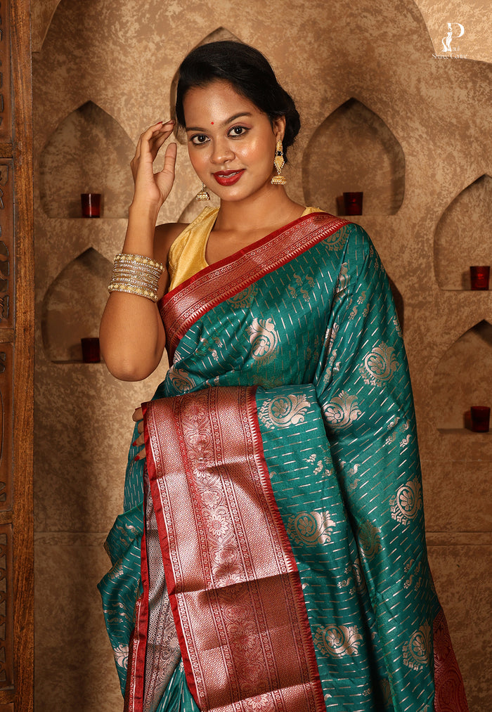 Turquoise Blue Satin Pattu Kanjivaram Saree with Red Border
