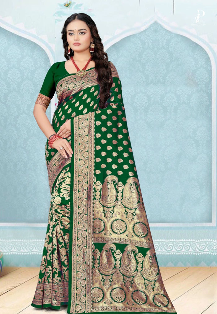 Bottle Green Katan Banarasi Saree with Konia Buta