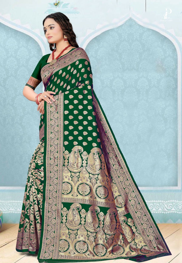 Bottle Green Katan Banarasi Saree with Konia Buta