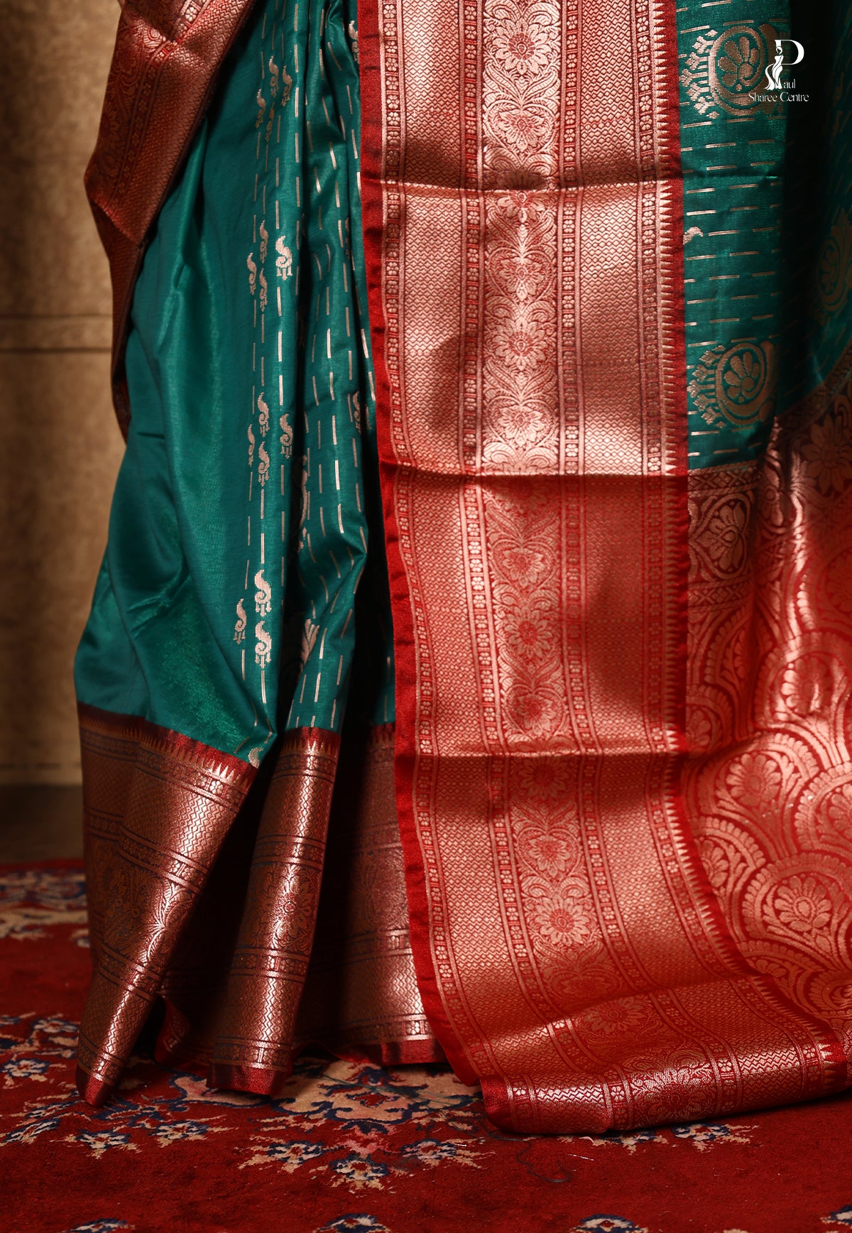 Turquoise Blue Satin Pattu Kanjivaram Saree with Red Border