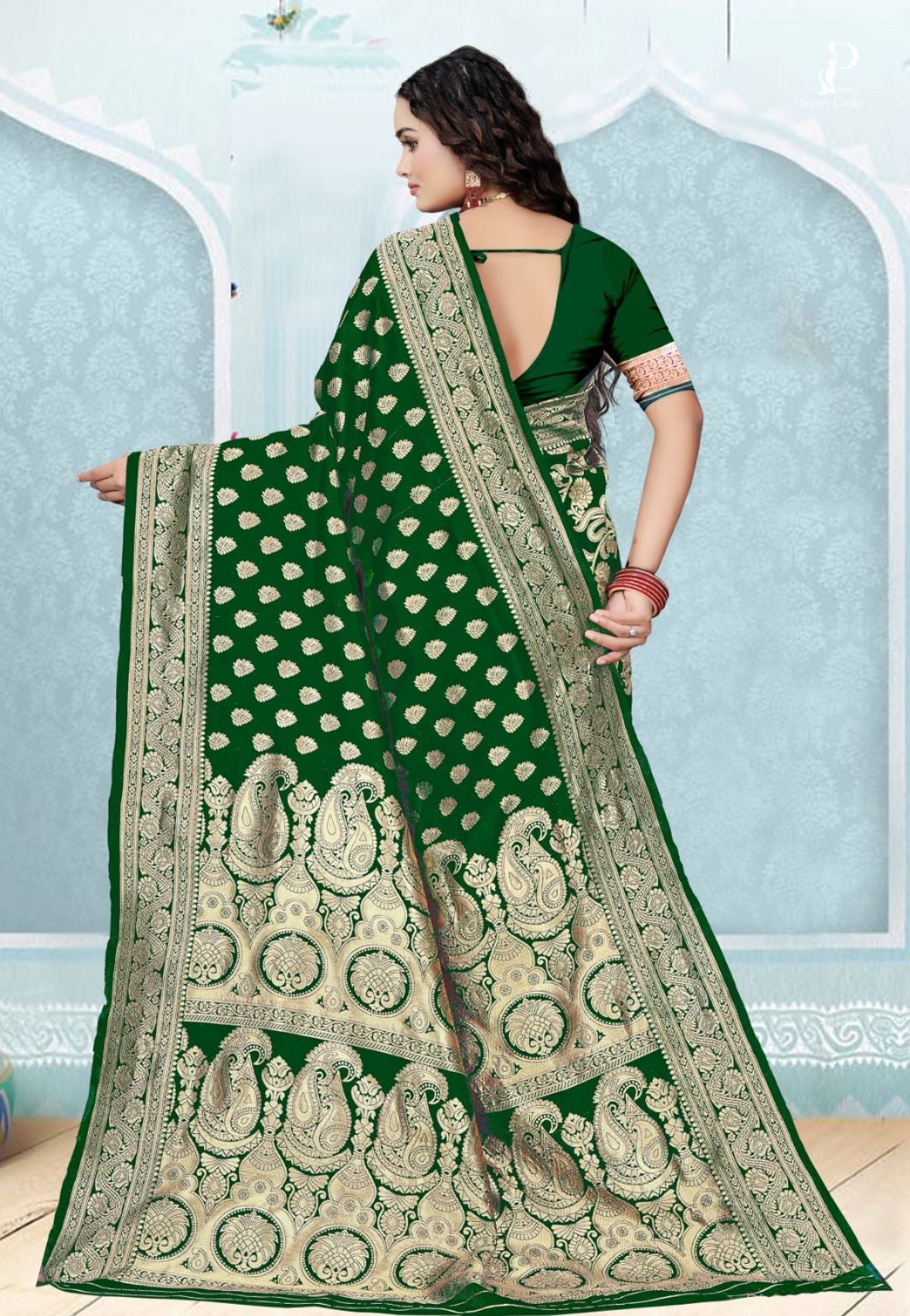 Bottle Green Katan Banarasi Saree with Konia Buta