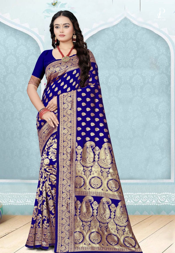 Royal Blue Katan Banarasi Saree with Konia Buta