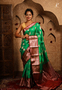 Green Satin Pattu Kanjivaram Saree with Red Border