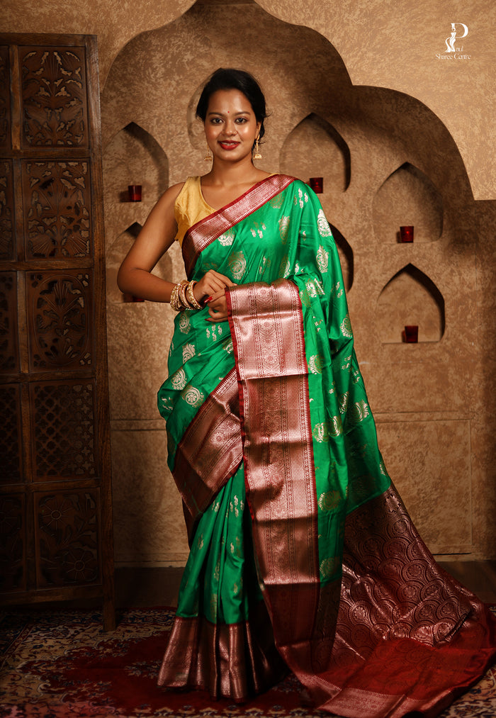 Green Satin Pattu Kanjivaram Saree with Red Border