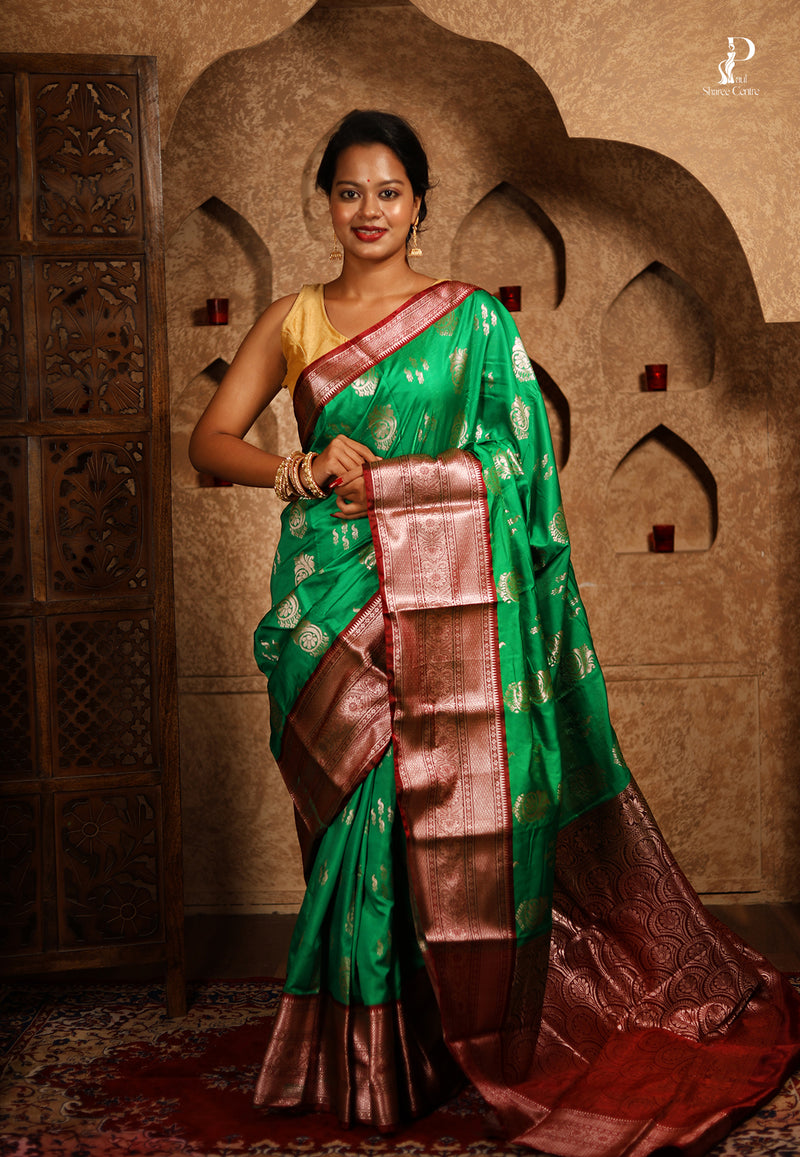 Green Satin Pattu Kanjivaram Saree with Red Border