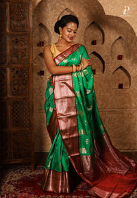 Green Satin Pattu Kanjivaram Saree with Red Border