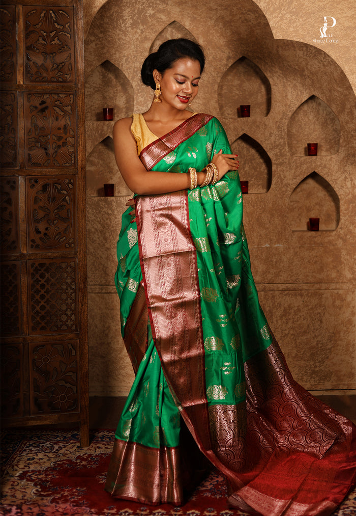 Green Satin Pattu Kanjivaram Saree with Red Border