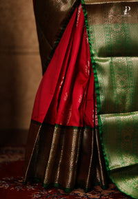 Dark Rani Pink Satin Pattu Kanjivaram Saree with Green Border