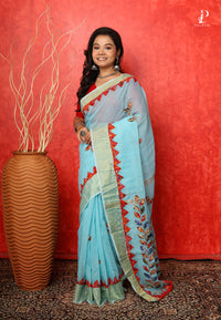 Sky Blue Applique Work Saree with Golden Border