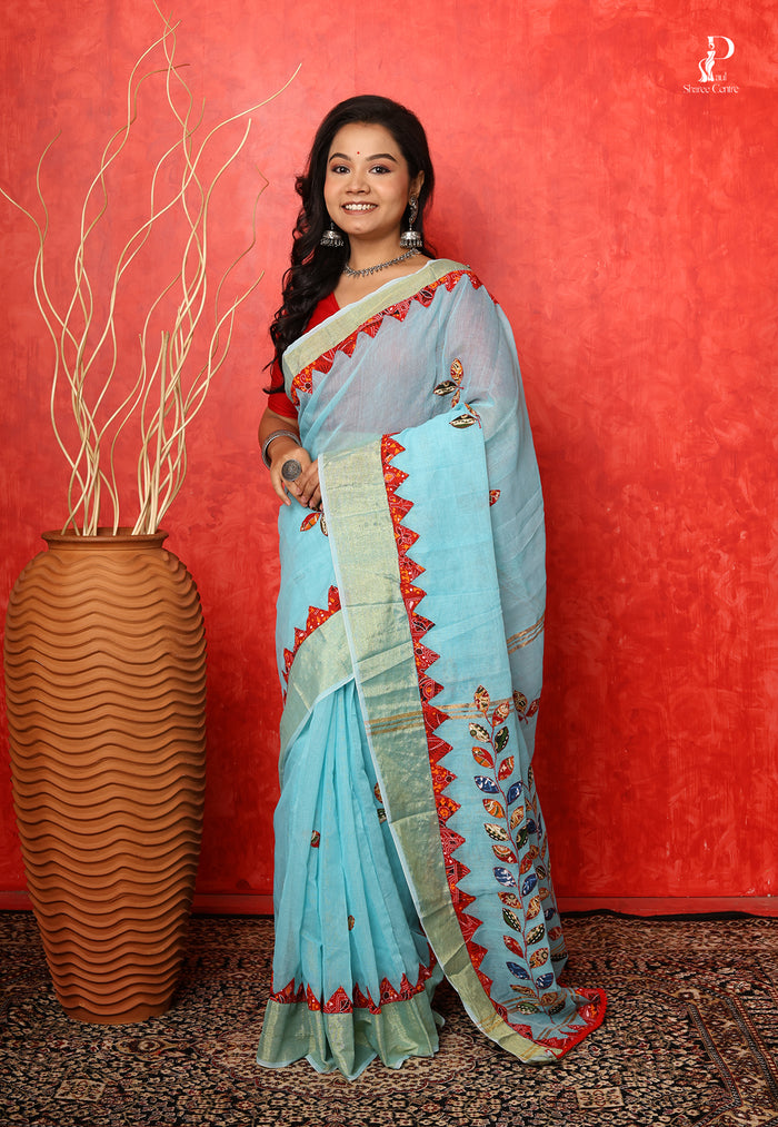 Sky Blue Applique Work Saree with Golden Border