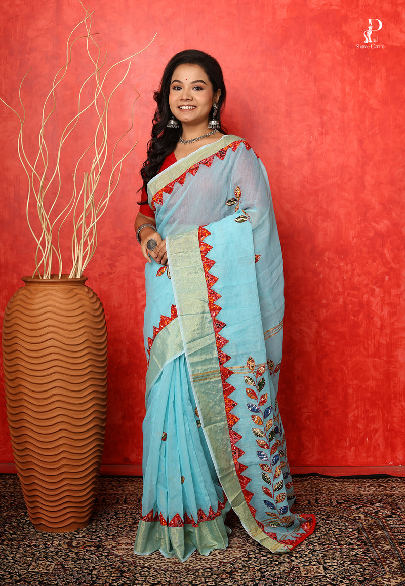 Sky Blue Applique Work Saree with Golden Border