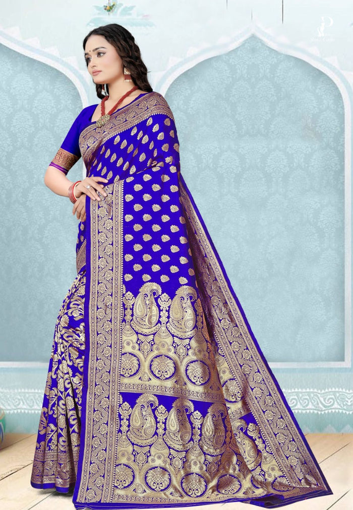 Navy Blue Katan Banarasi Saree with Konia Buta