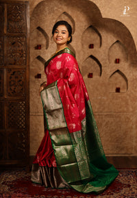 Dark Rani Pink Satin Pattu Kanjivaram Saree with Green Border