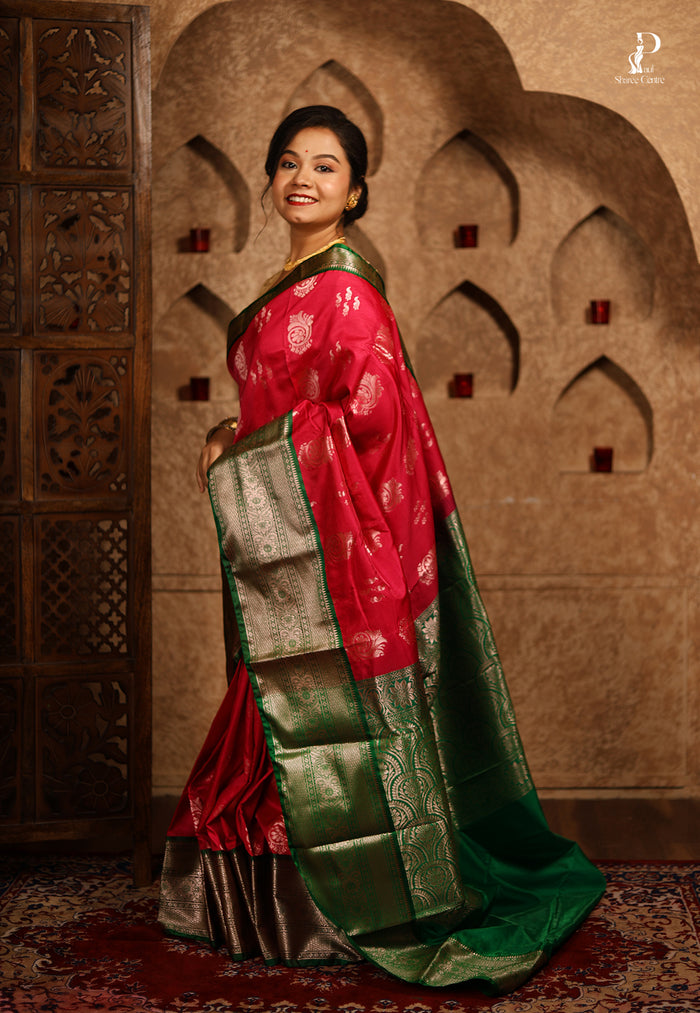 Dark Rani Pink Satin Pattu Kanjivaram Saree with Green Border
